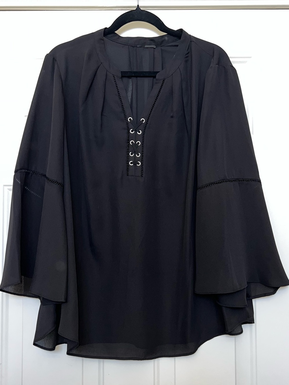 New Directions Black Lace-Up Bell Sleeve Blouse